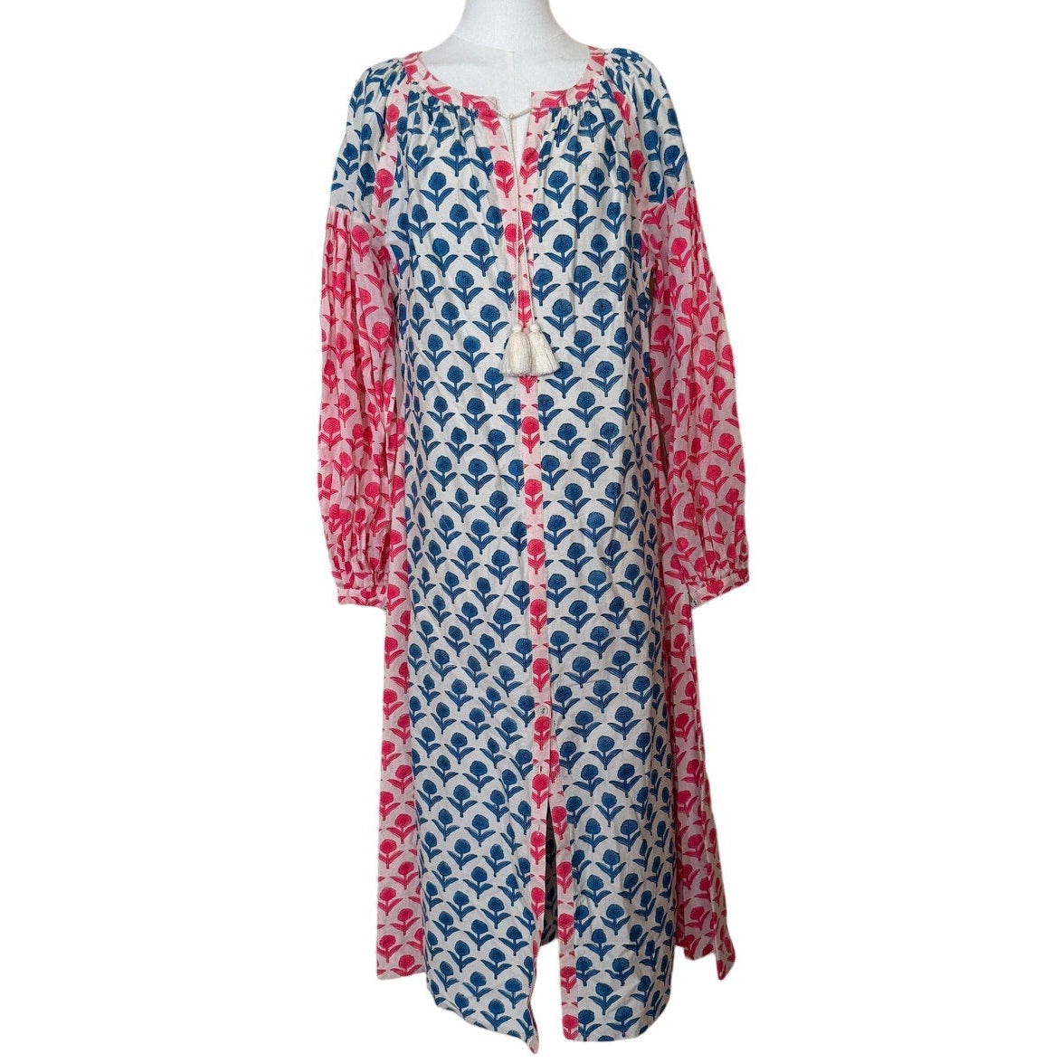 AISH Blue Pottery Handwoven Cotton Dress Blue Pink Oversized Midi - Size M/L
