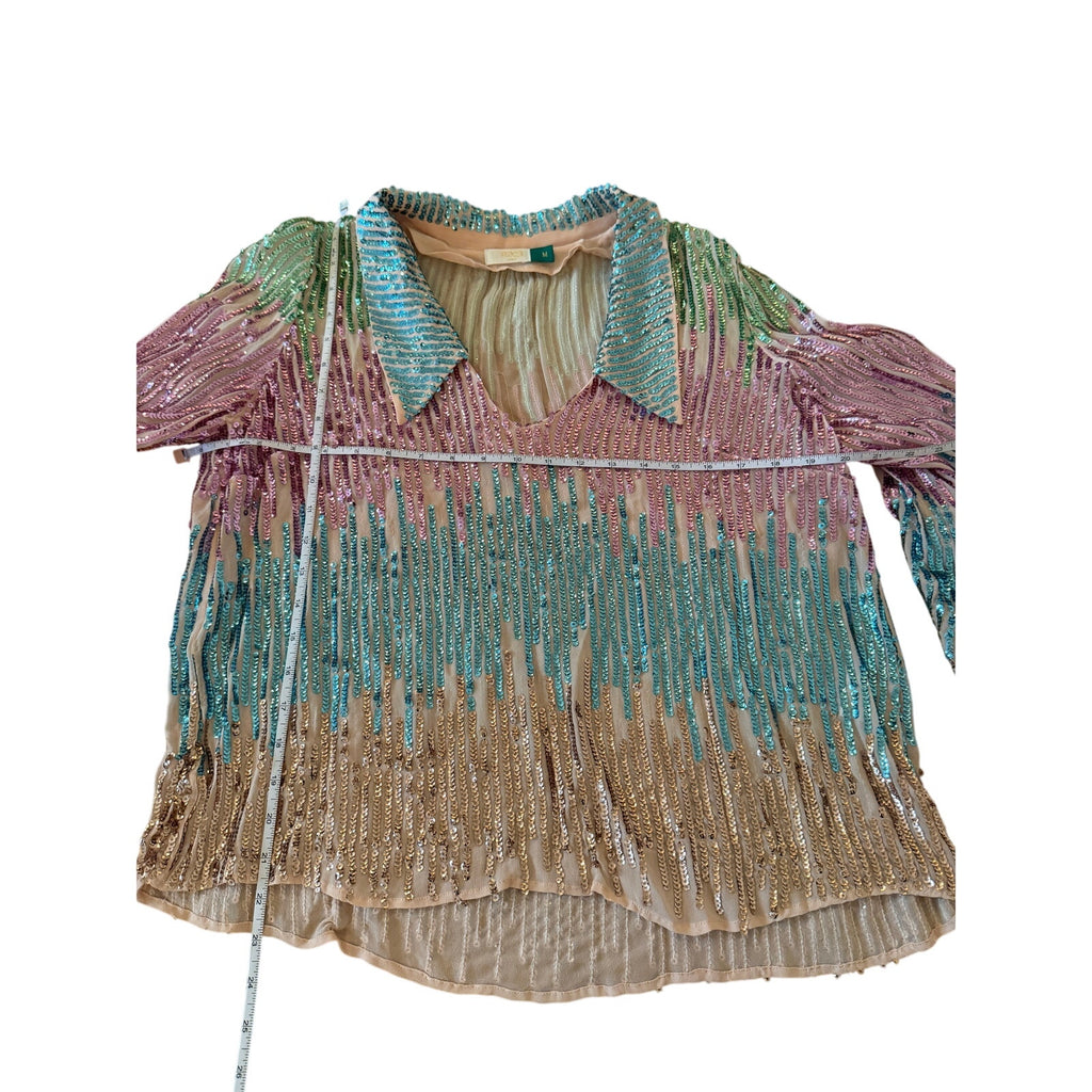 Rixo London Lyla Sequin Rainbow Collared Blouse - Medium