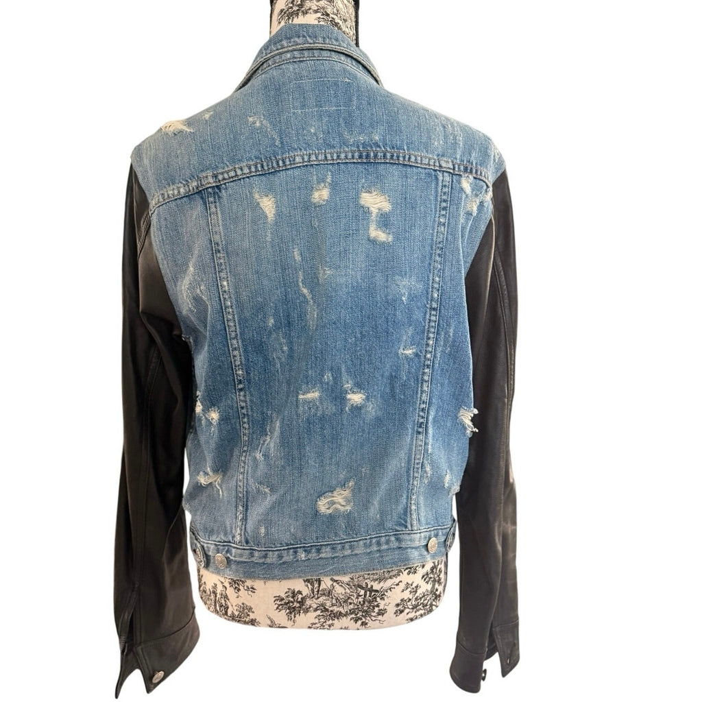 Rag & Bone Blue Denim Black Leather Sleeve Trucker Jacket Medium