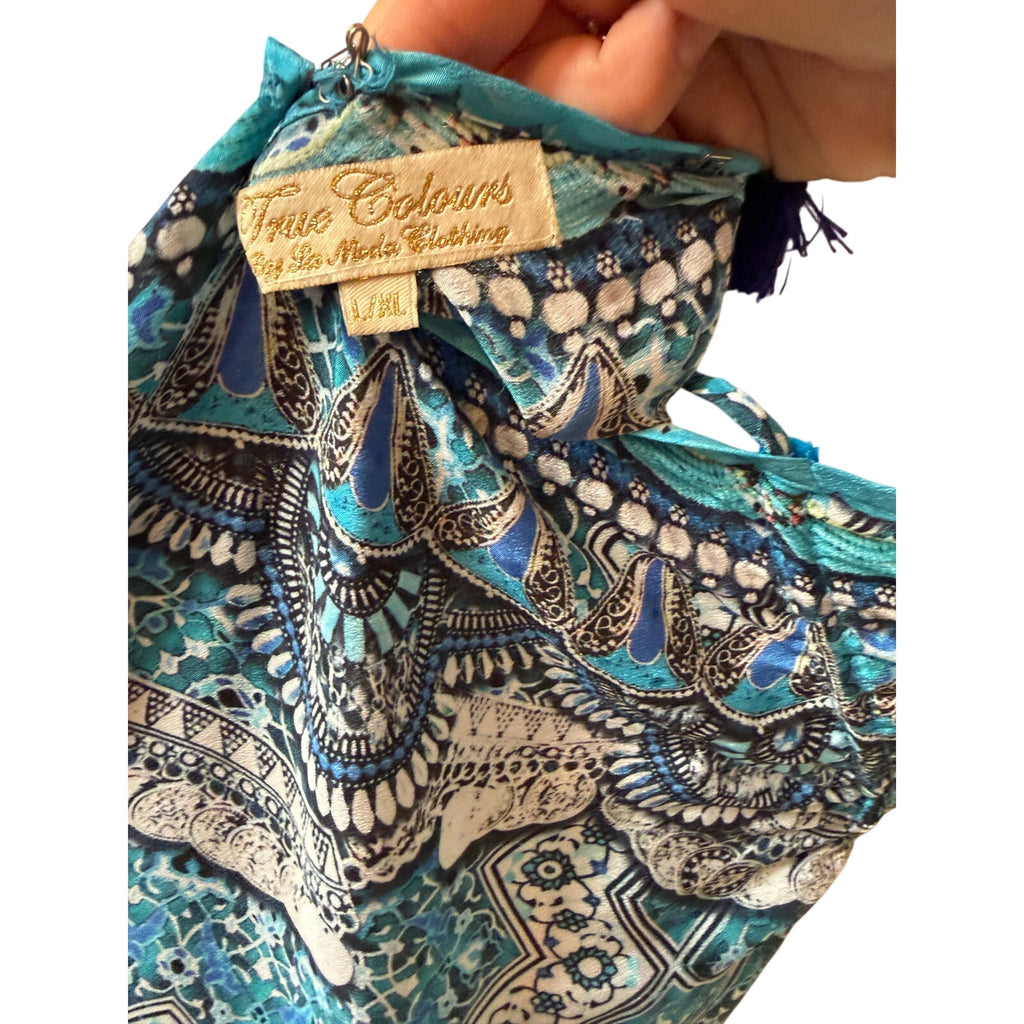 True Colours Blue Pattern Halter Kaftan Dress L/XL