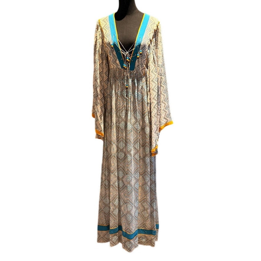 Talitha Jasmin Silk Lace-Up Printed Maxi Dress in Ivory Size S