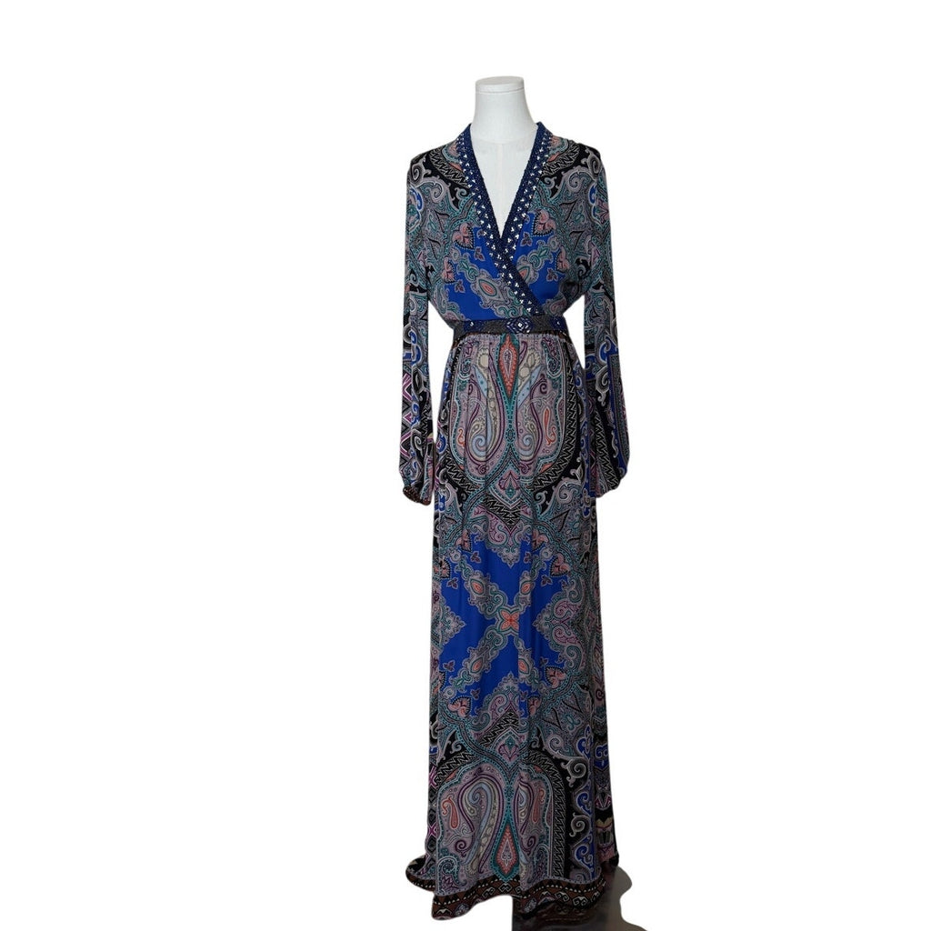 Etro Blue Black Pink Paisley Print Beaded Silk Maxi Dress 42 (US 6)