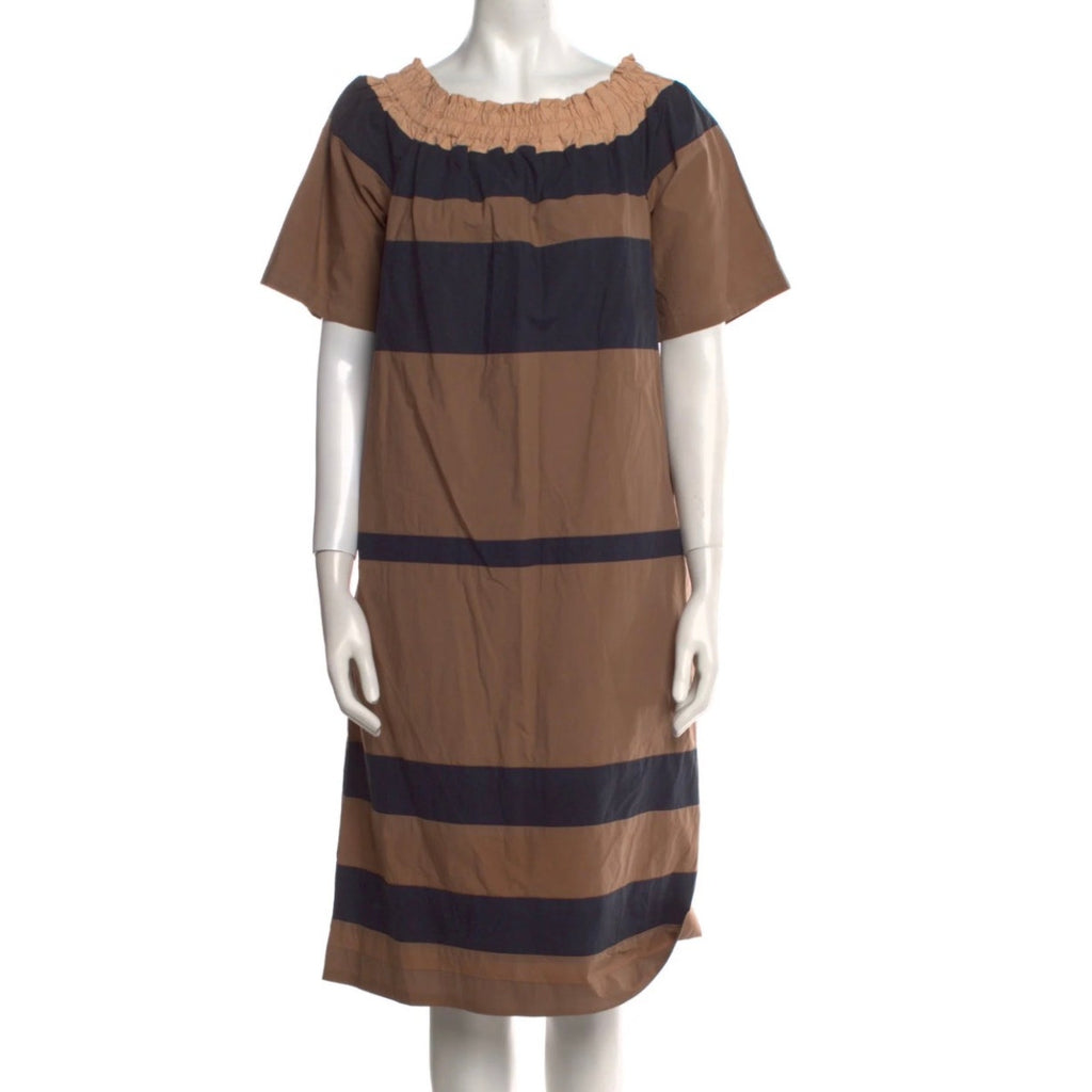 Odeeh Striped Cotton Shift Dress in Camel/NavyEU 38 (US 6-8)