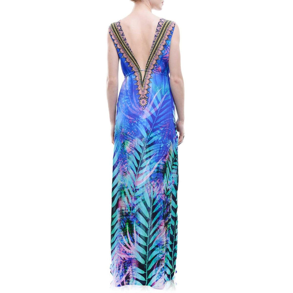 Shahida Parides Tropical Print Blue Purple Maxi Plunge Beaded Dress NWOT Small
