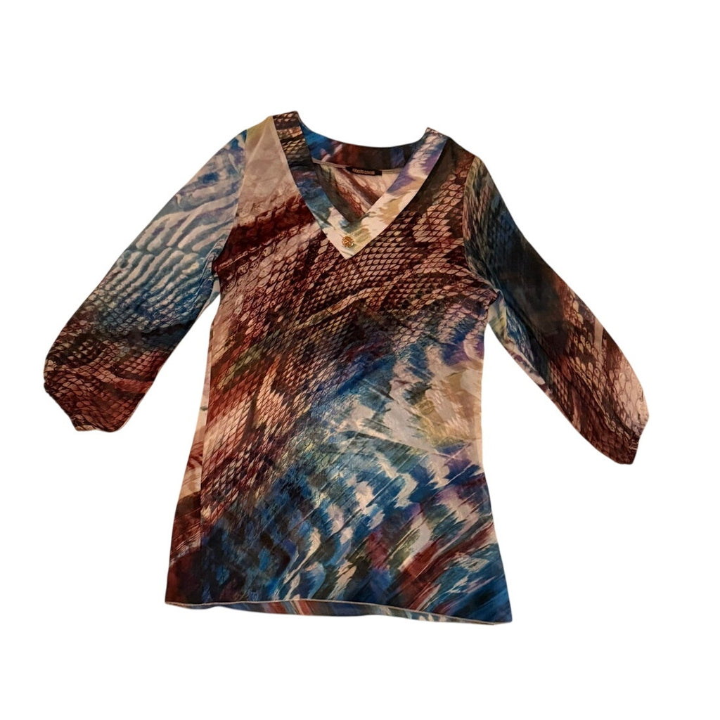 Roberto Cavalli Blue Snake-Print Top Blouse Size S