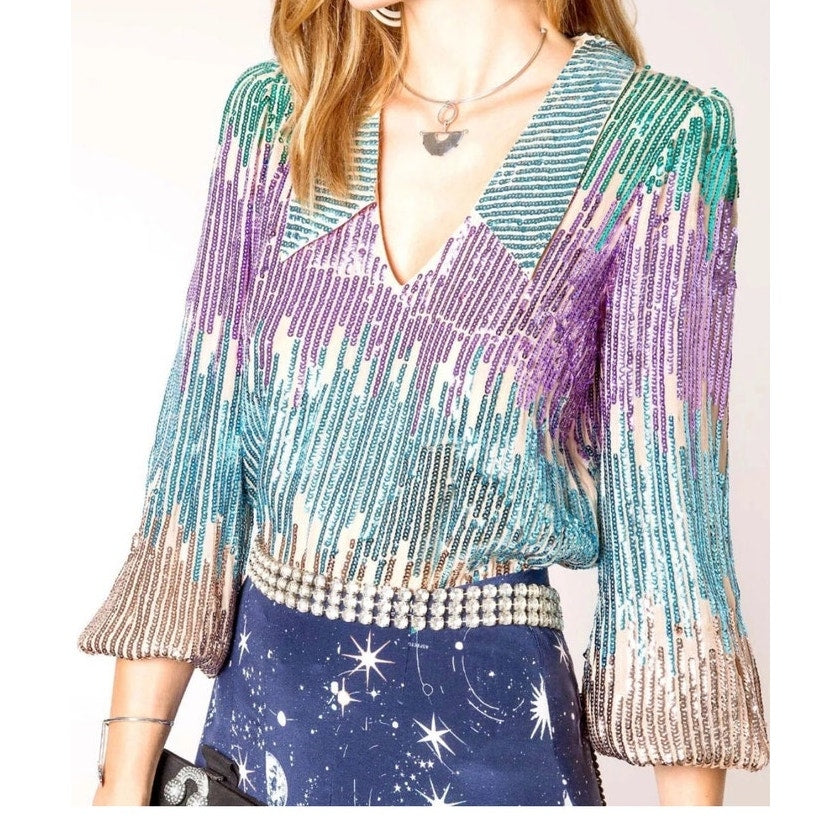 Rixo London Lyla Sequin Rainbow Collared Blouse - Medium