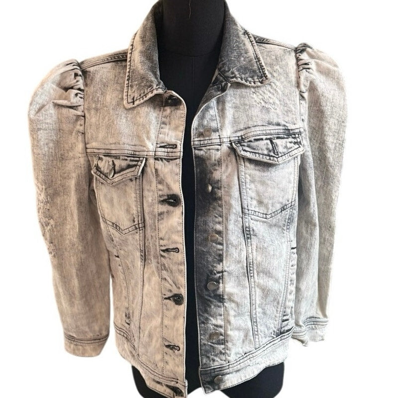 Retrofête Ada Puff-Sleeve Denim Jacket Gray Acid Wash Size L