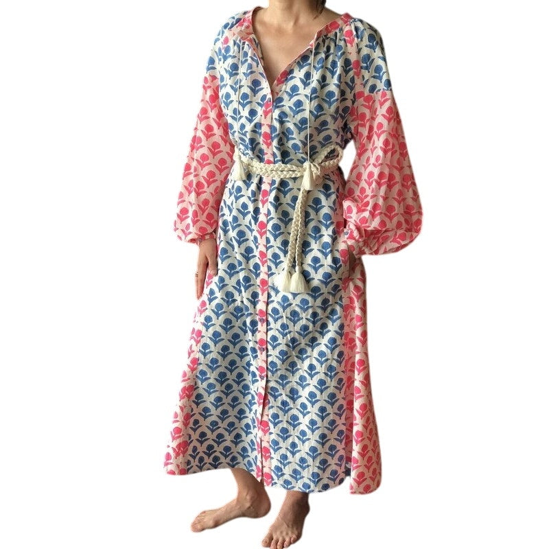 AISH Blue Pottery Handwoven Cotton Dress Blue Pink Oversized Midi - Size M/L