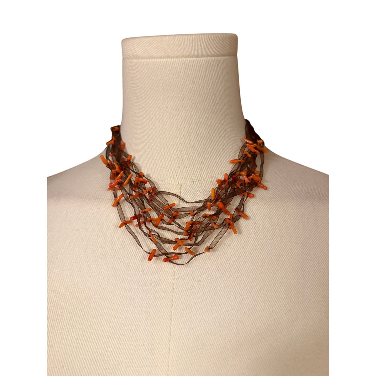 Coral "Slabs" on Black Sheer Ribbon Gathered Necklace 13-15"