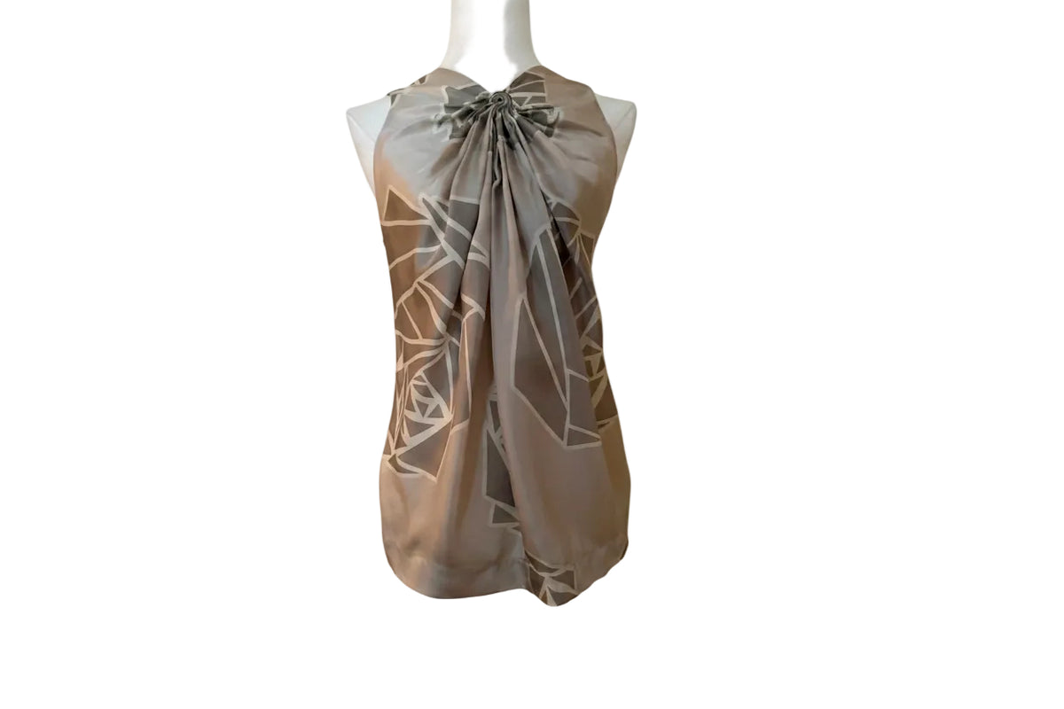 Robert Rodriquez Silver/Grey Knot Front Blouse Sleeveless 100% Silk Abstract - 2