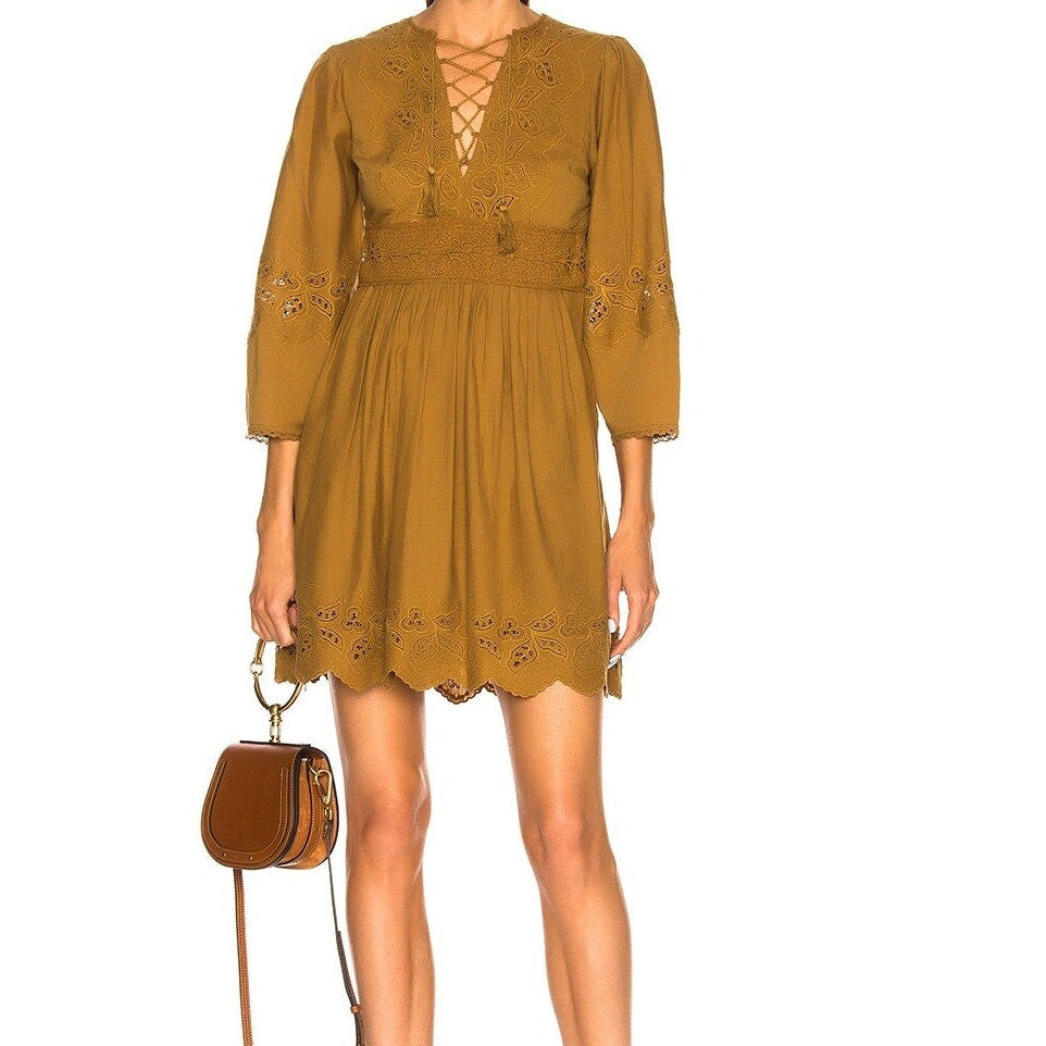 Ulla Johnson Alley Dress in Bronze Brown/Golden Long Sleeved Midi - XS