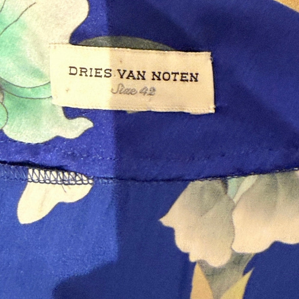 Dries Van Noten Cobalt Blue Floral Silk Cowl Blouse Size 42