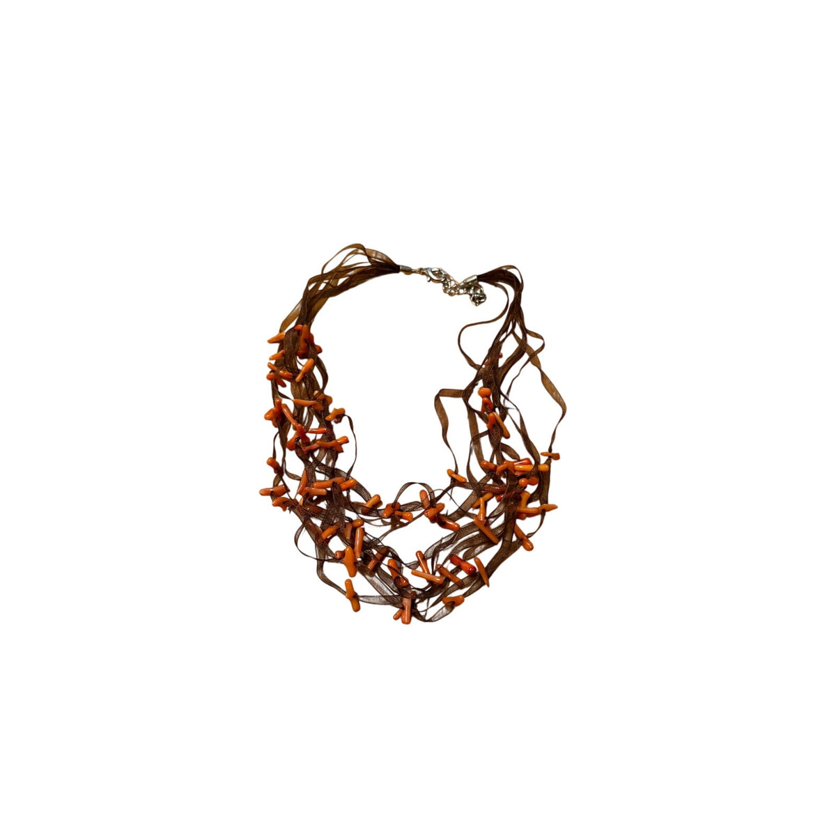 Coral "Slabs" on Black Sheer Ribbon Gathered Necklace 13-15"