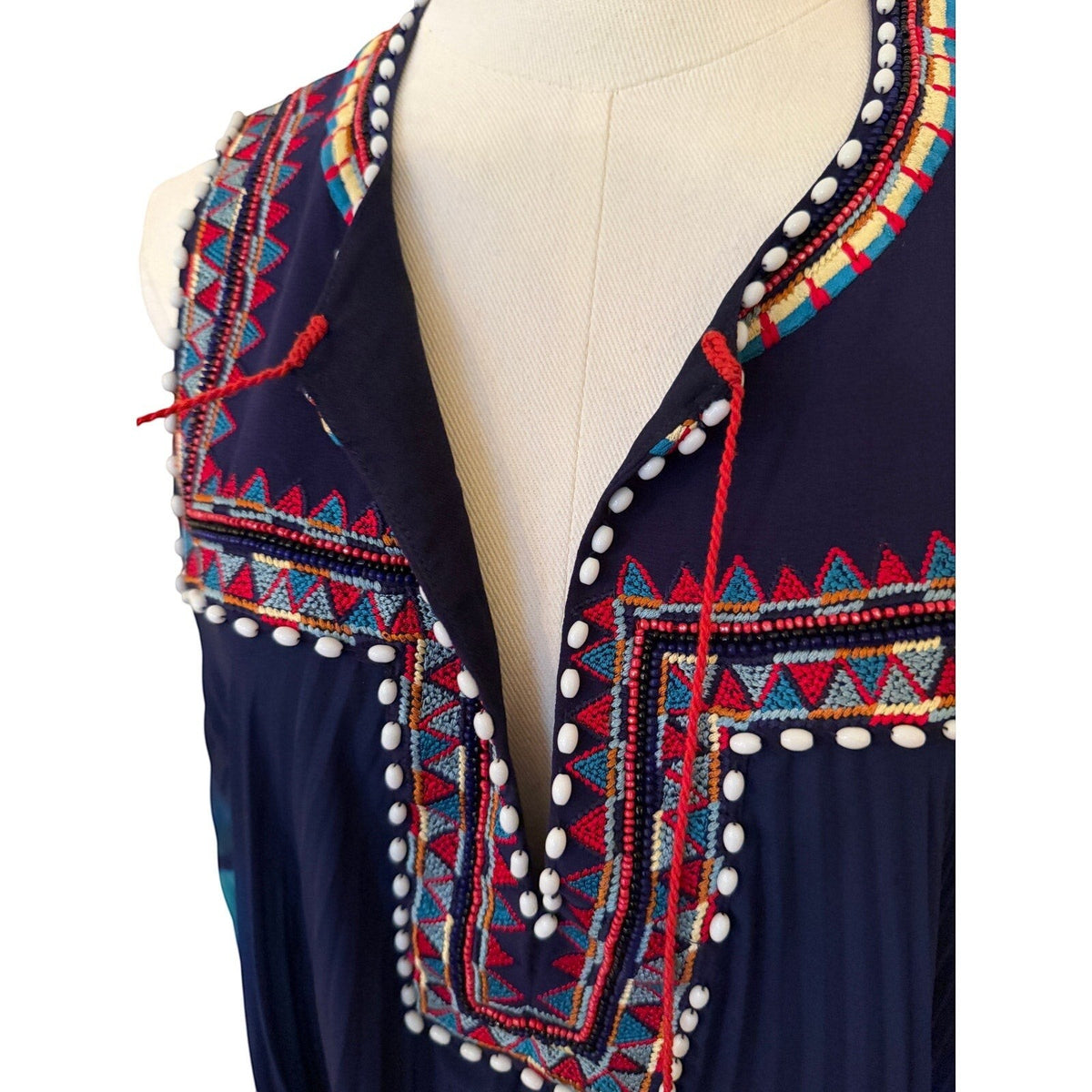 Talitha Turquoise Navy Red Beaded Maxi Dress - Medium