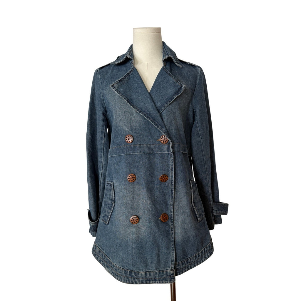 Vintage Denim Double-Breasted Wood Button Jacket Curved Bottom - S