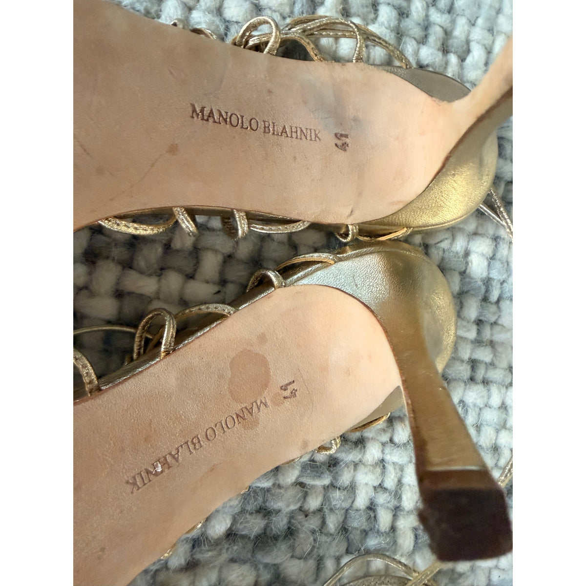 Manolo Blahnik Gold Metallic Caged Ankle-Tie Stiletto Sandal EU 41