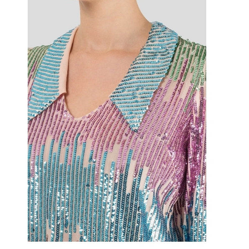 Rixo London Lyla Sequin Rainbow Collared Blouse - Medium