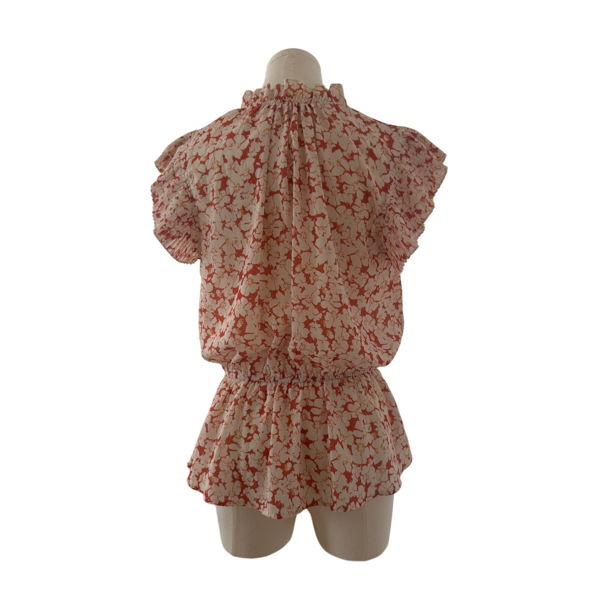 Voy Pleat-Sleeve Slight V-Neck Ruched Waist Blouse Orange w/White Flowers -Small
