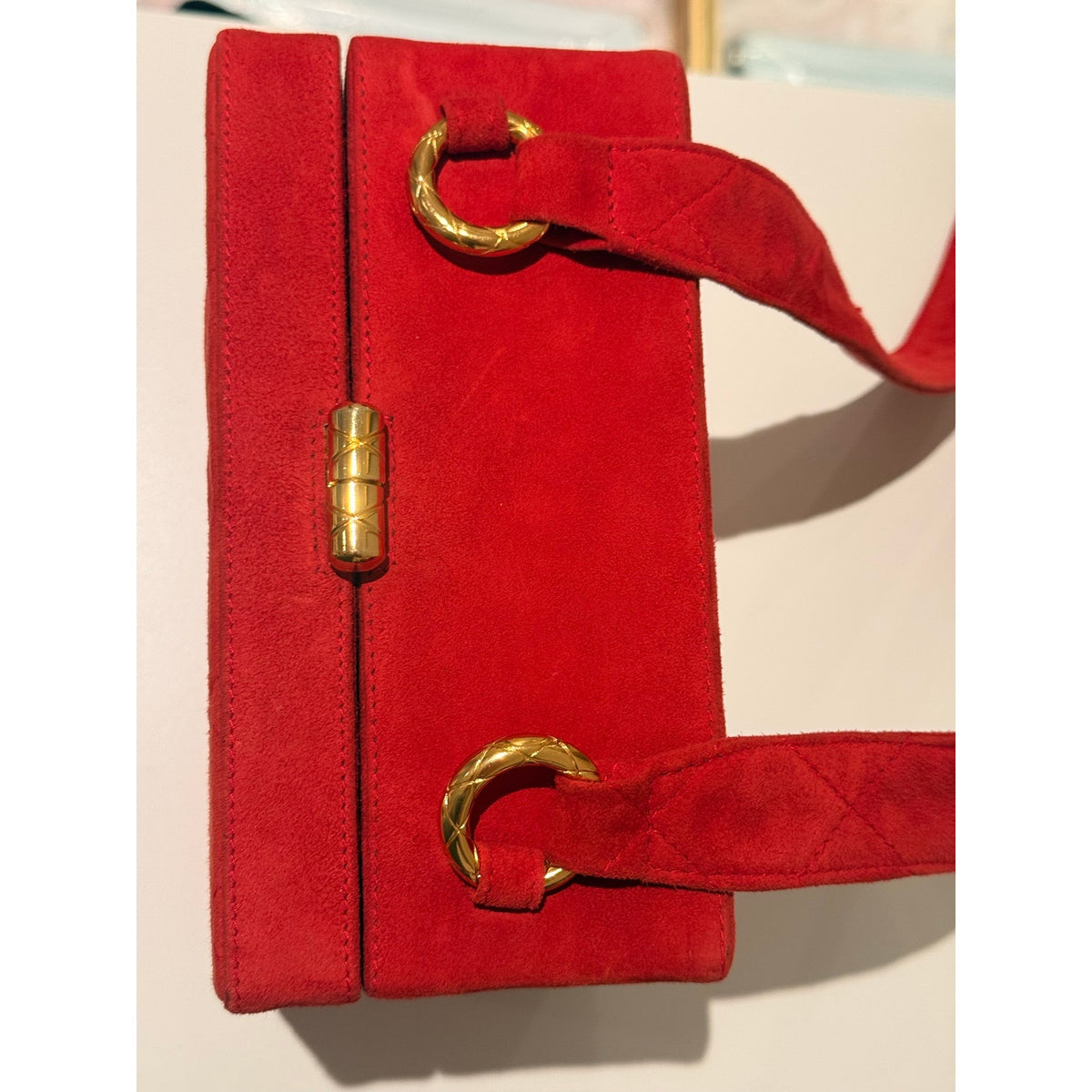 Chanel Vintage Red Suede Quilted Box Shoulder Bag Gold HW