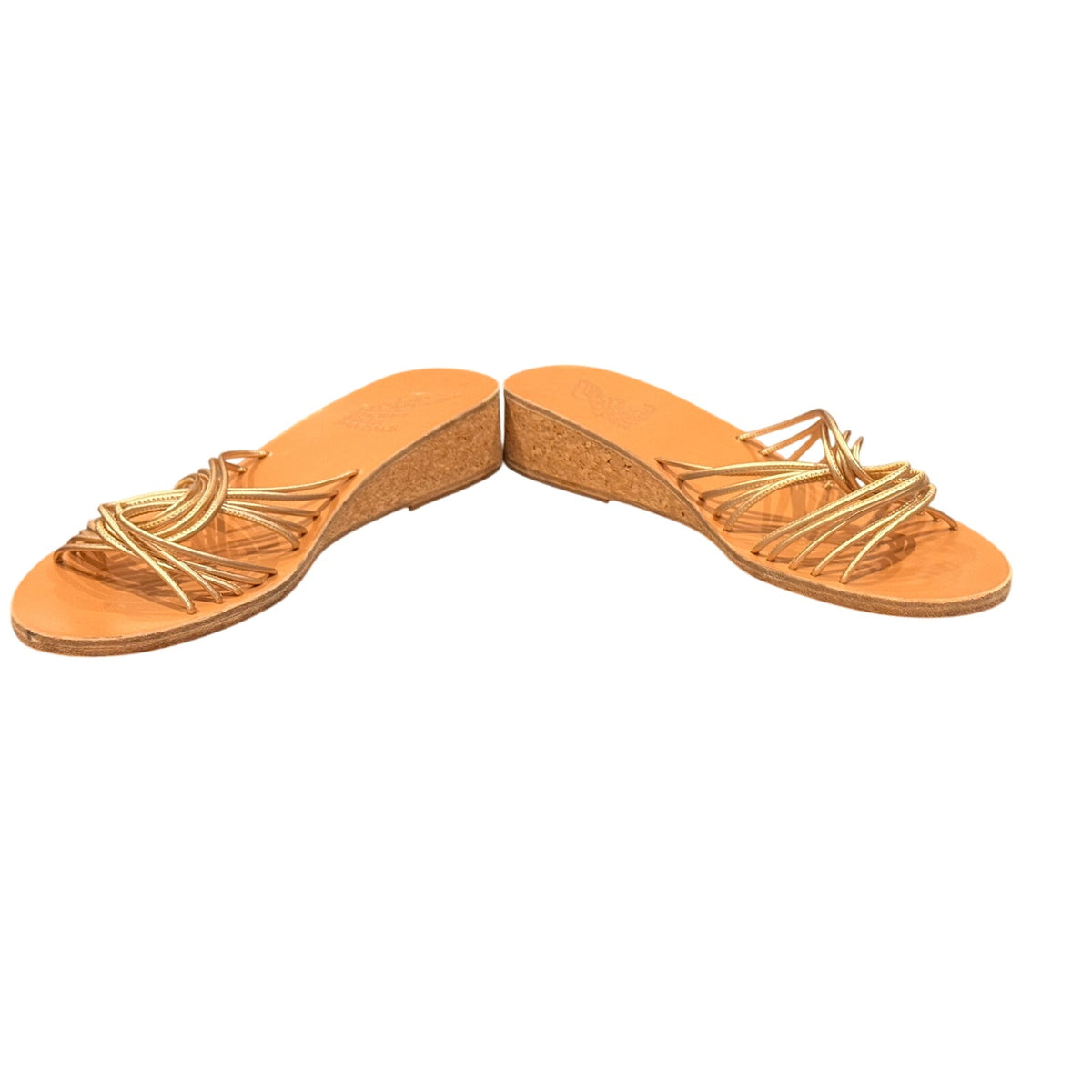 Ancient Greek Sandals Metallic Gold Strappy Cork Wedge Slides Size 42