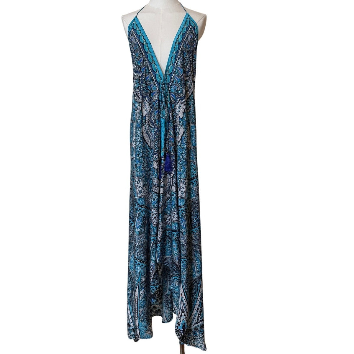 True Colours Blue Pattern Halter Kaftan Dress L/XL