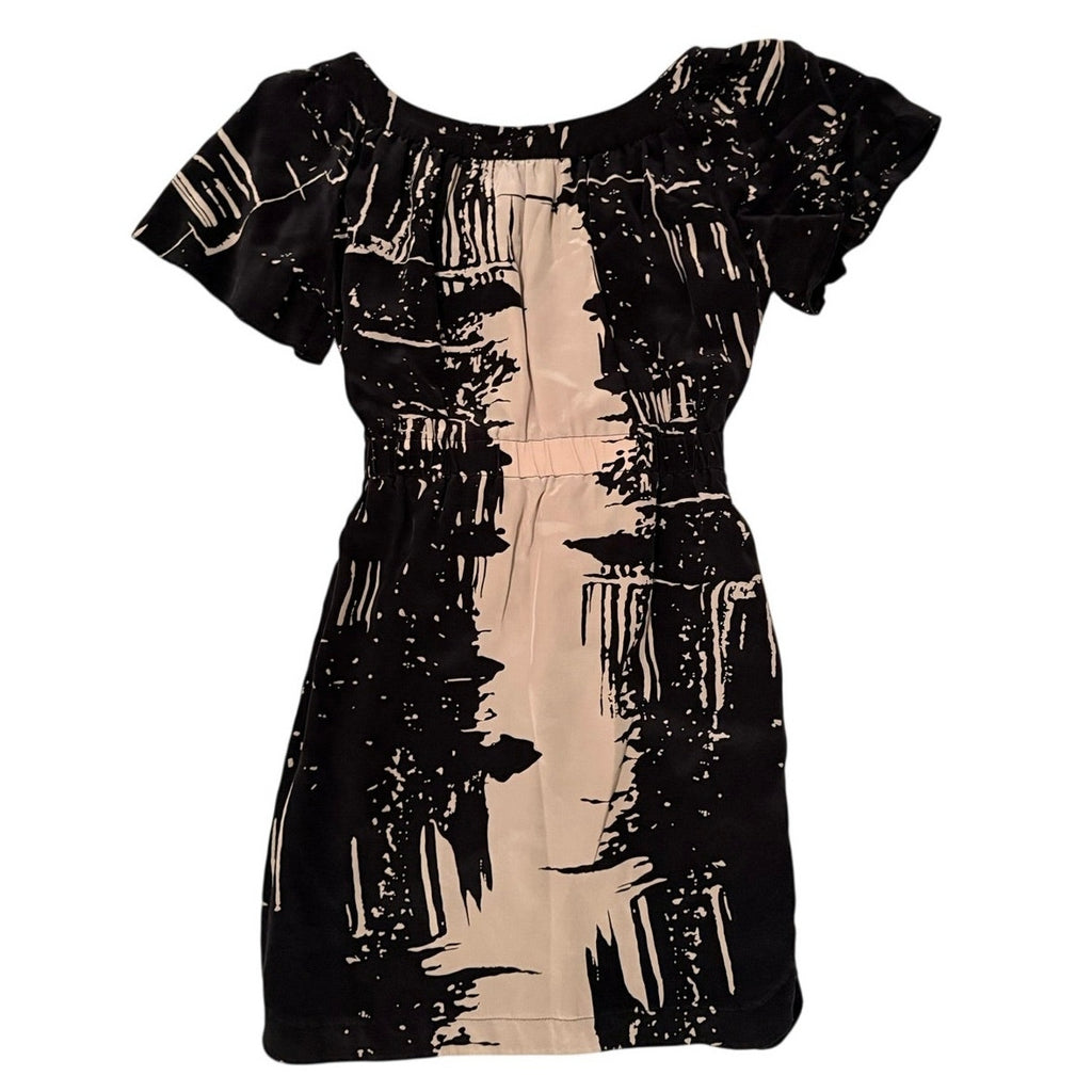 Yoana Baraschi Silk Black Cream Print Flutter Dress Sz 6