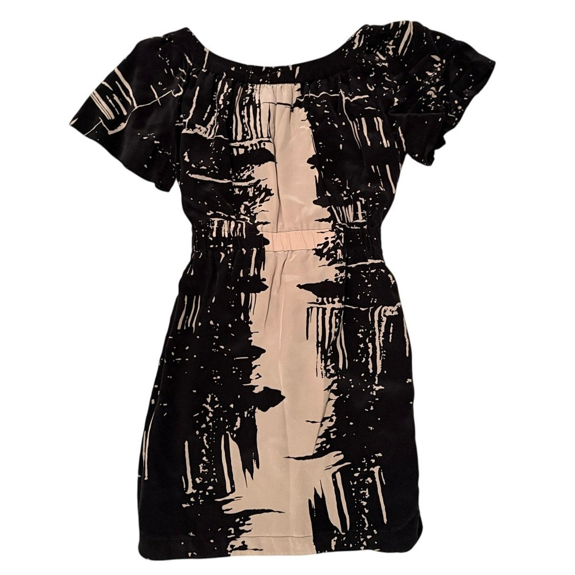 Yoana Baraschi Silk Black Cream Print Flutter Dress Sz 6