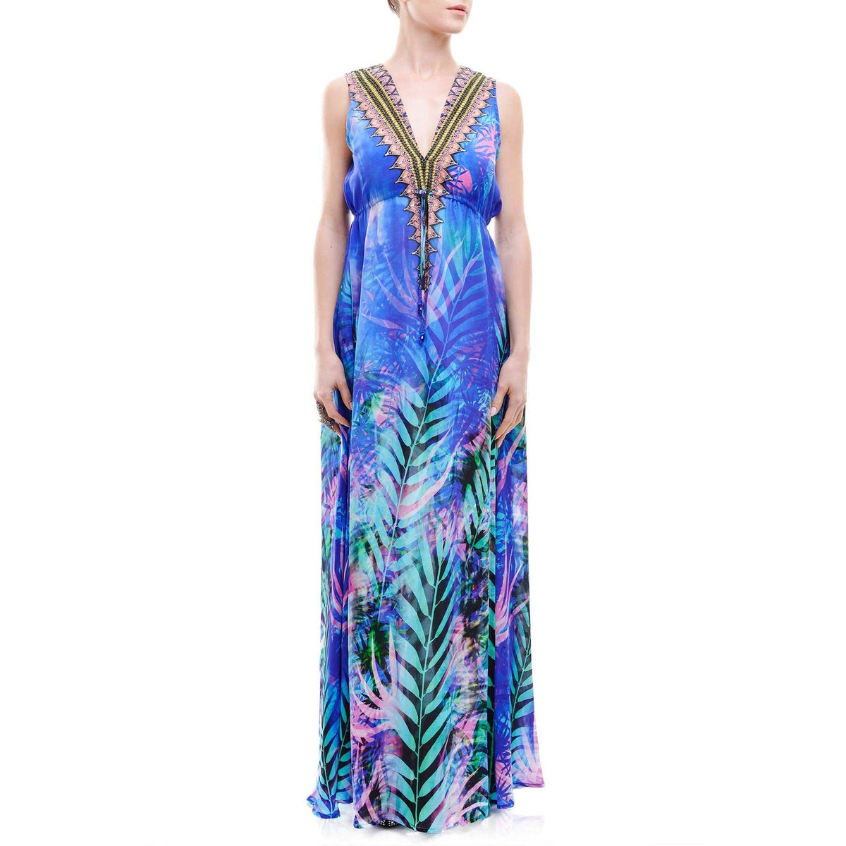 Shahida Parides Tropical Print Blue Purple Maxi Plunge Beaded Dress NWOT Small