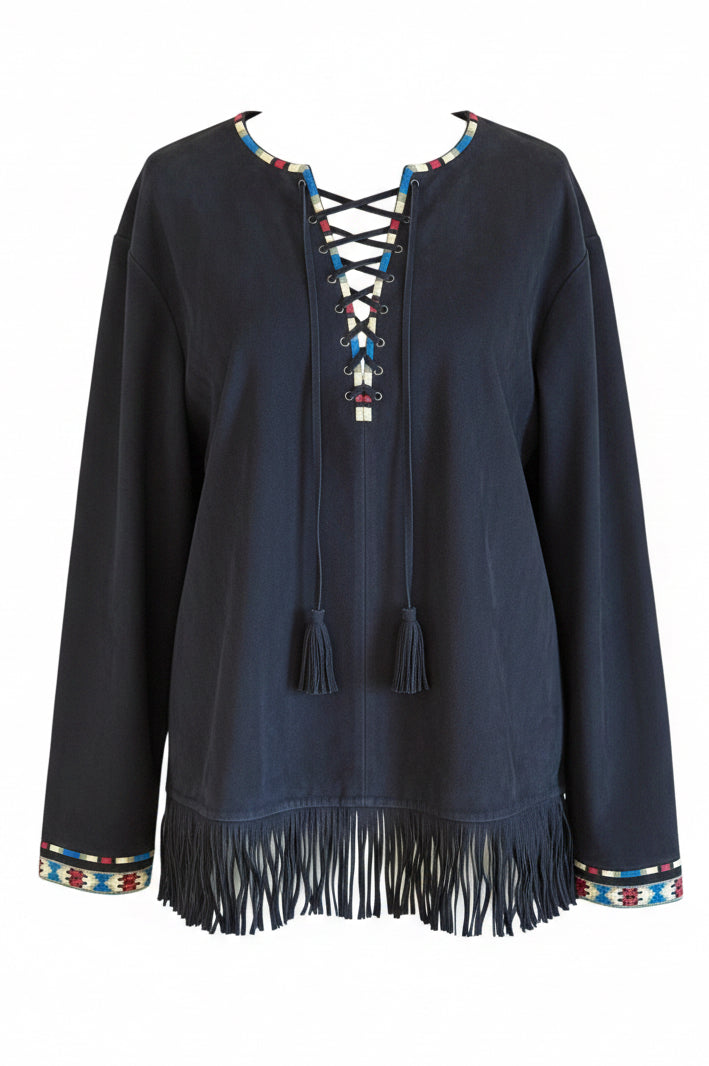 Talitha Black Suede Fringe Tunic with Embroidery Blouse Small