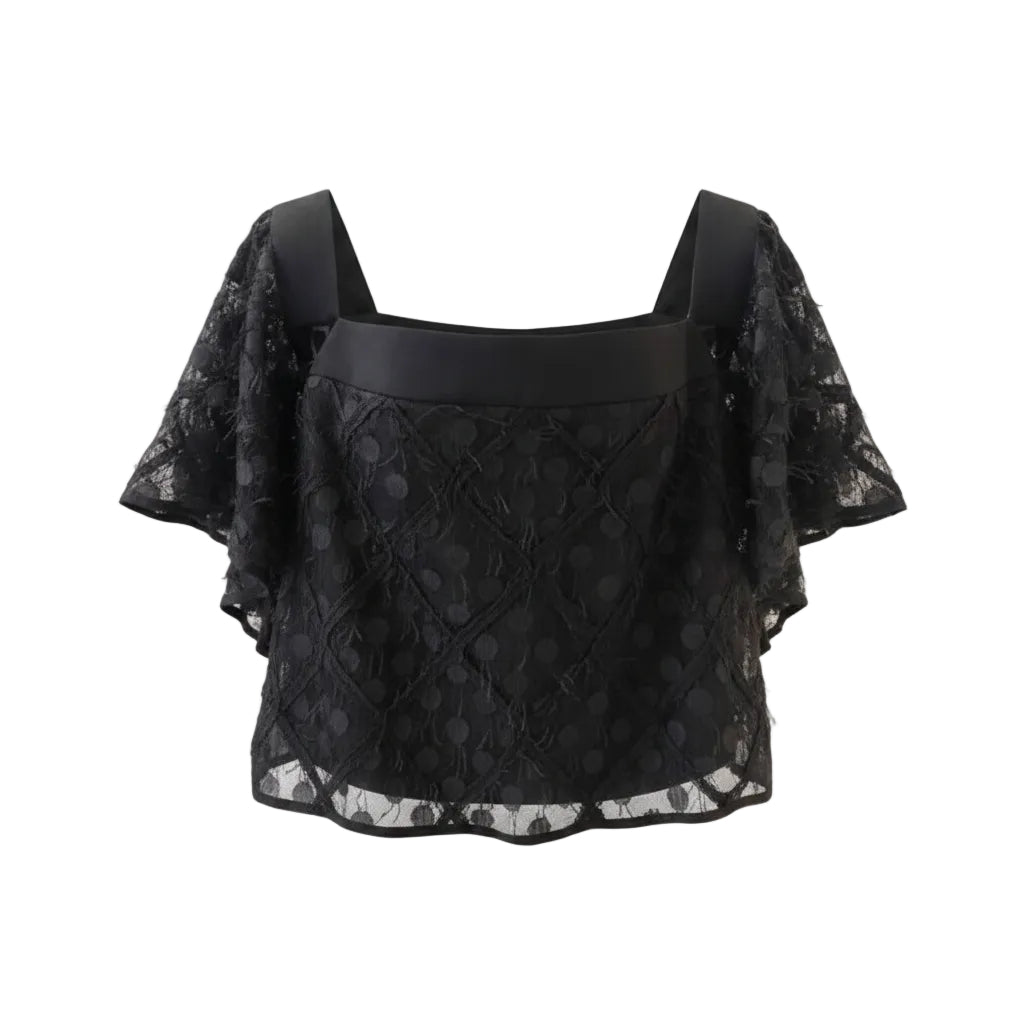 Milly for Bergdorf Goodman Lace Off-Shoulder Crop Top Black Feather Texture US 6