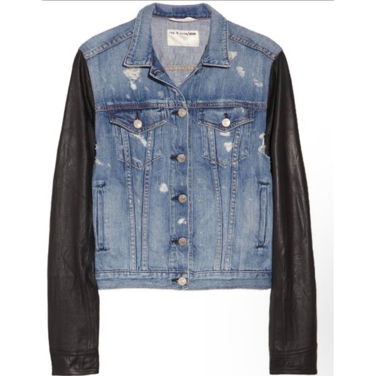 Rag & Bone Blue Denim Black Leather Sleeve Trucker Jacket Medium