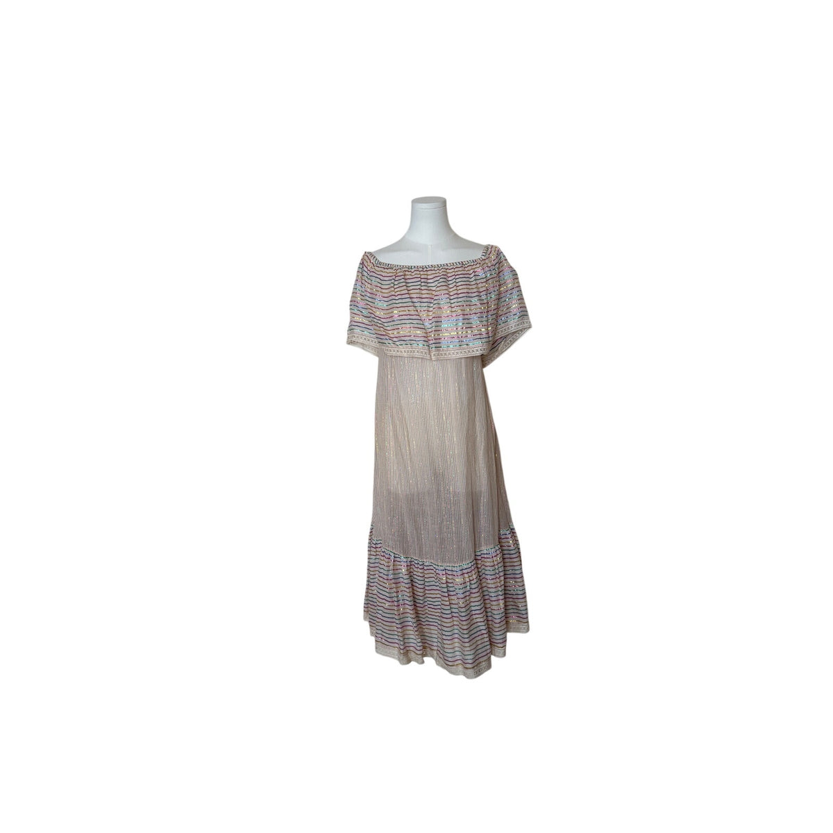 Miguelina Amiya Off-Shoulder Sheer Dress Metallic Stripe Multicolor Lace -Size M