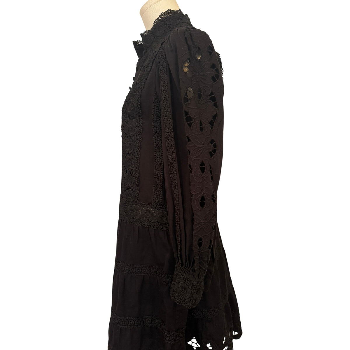 Alice + Olivia Black Clark Mandarin Collar Tiered Lace Mini Dress 4