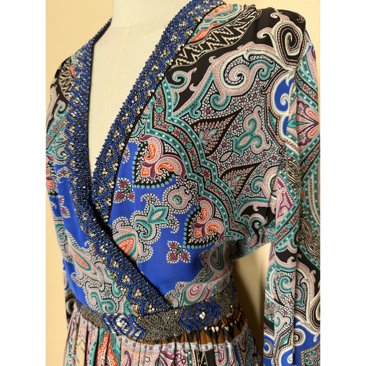 Etro Blue Black Pink Paisley Print Beaded Silk Maxi Dress 42 (US 6)