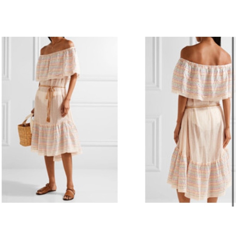 Miguelina Amiya Off-Shoulder Sheer Dress Metallic Stripe Multicolor Lace -Size M