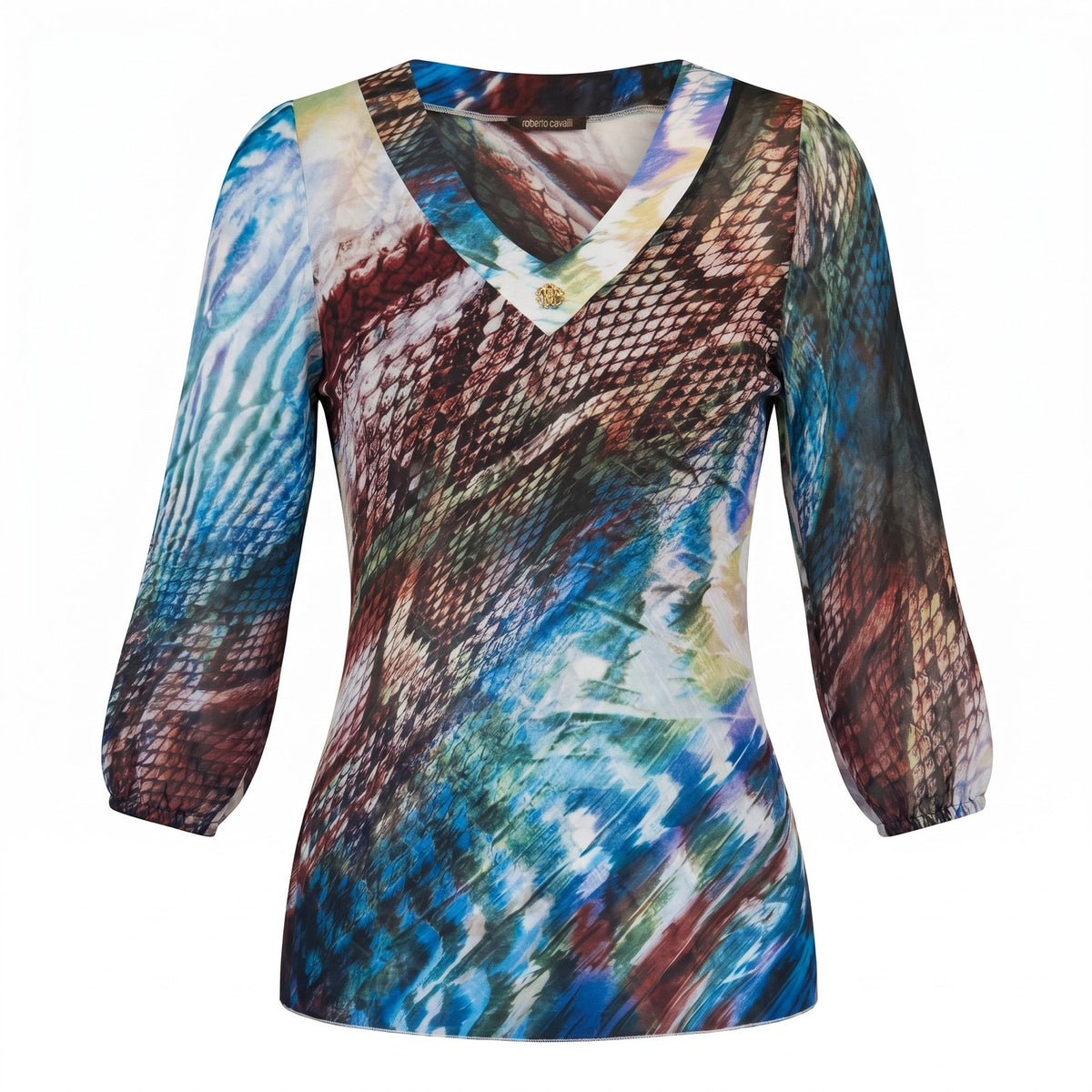 Roberto Cavalli Blue Snake-Print Top Blouse Size S
