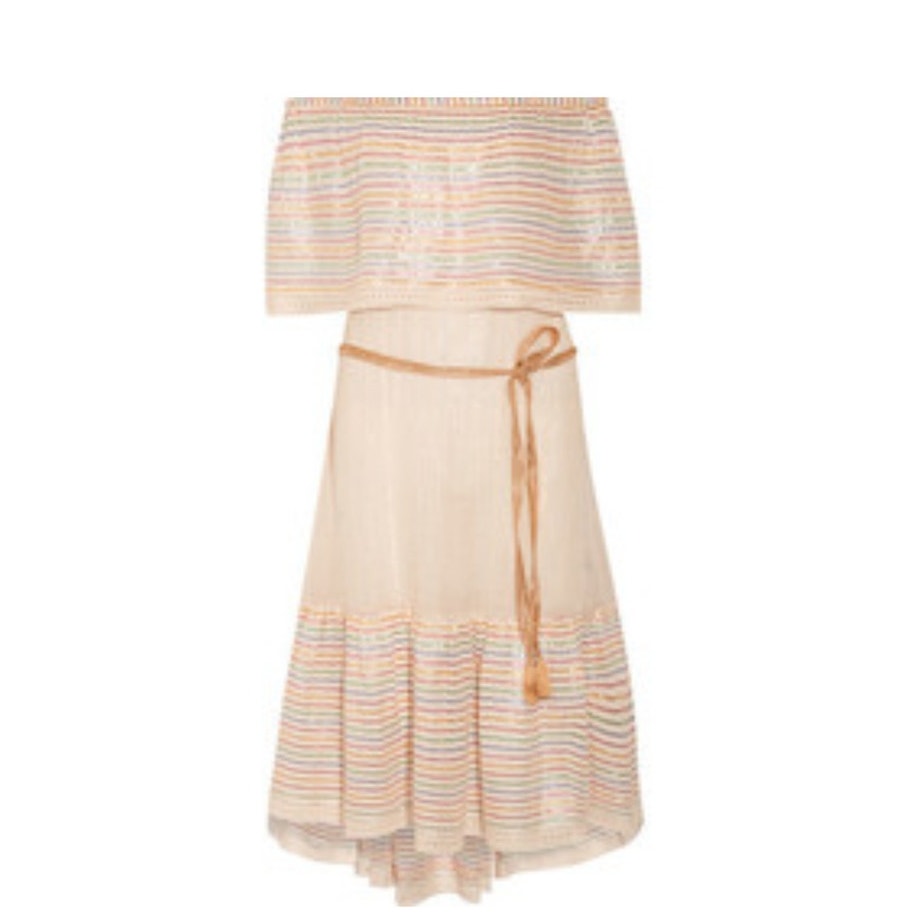 Miguelina Amiya Off-Shoulder Sheer Dress Metallic Stripe Multicolor Lace -Size M