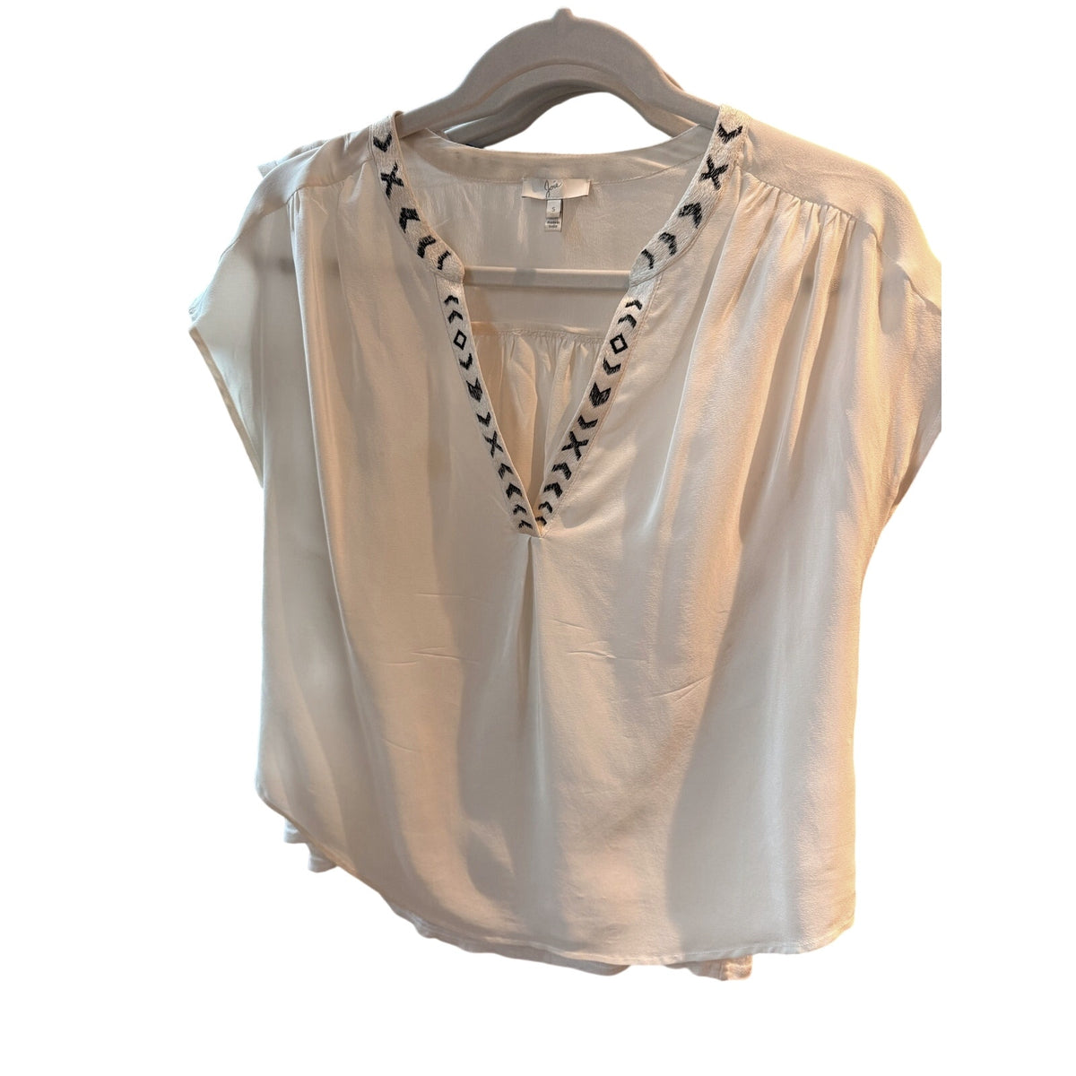 Joie Ivory Embroidered Split-Neck Silk Blouse, Size S
