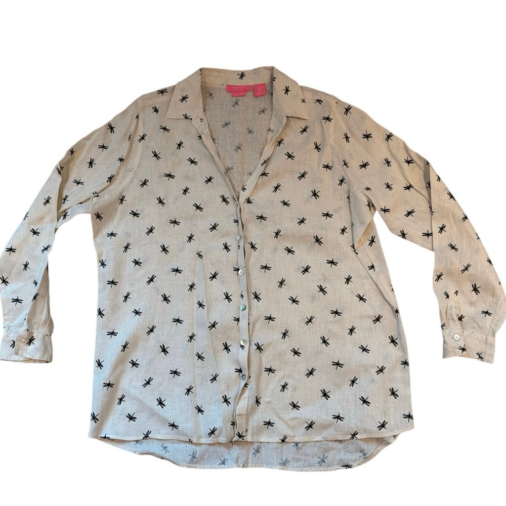 Isaac Mizrahi New York Cream Black Dragonfly Print Linen Blouse XL