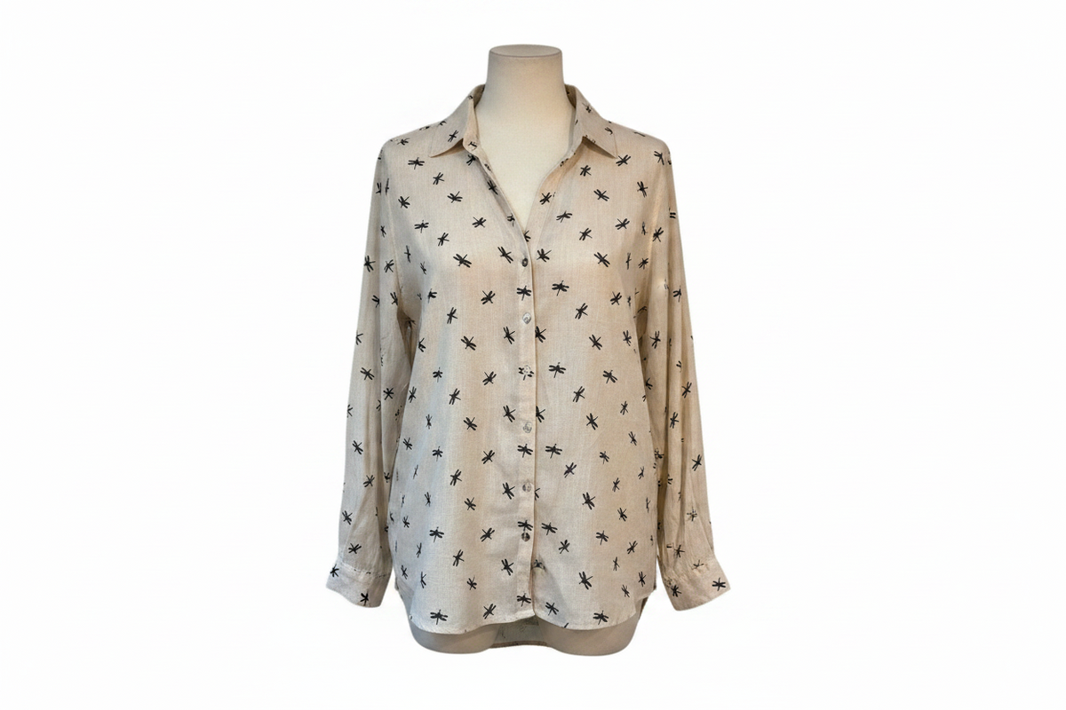 Isaac Mizrahi New York Cream Black Dragonfly Print Linen Blouse XL