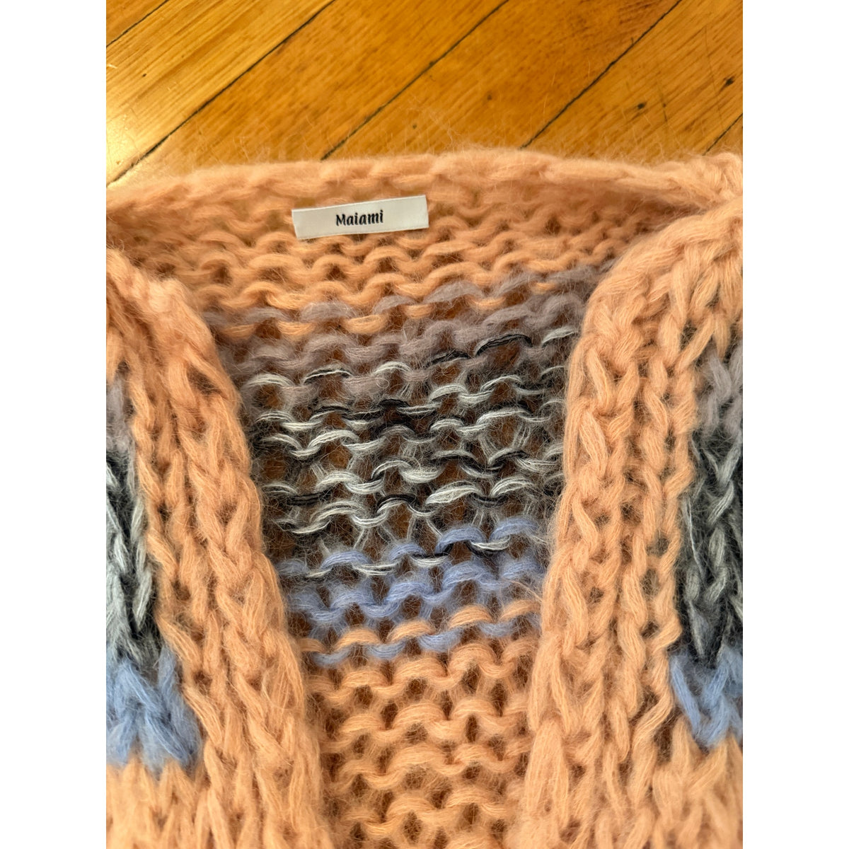 Maiami Galore Big Cardigan Hand-Knit Mohair Wool Multicolor Stripe Open Front XS