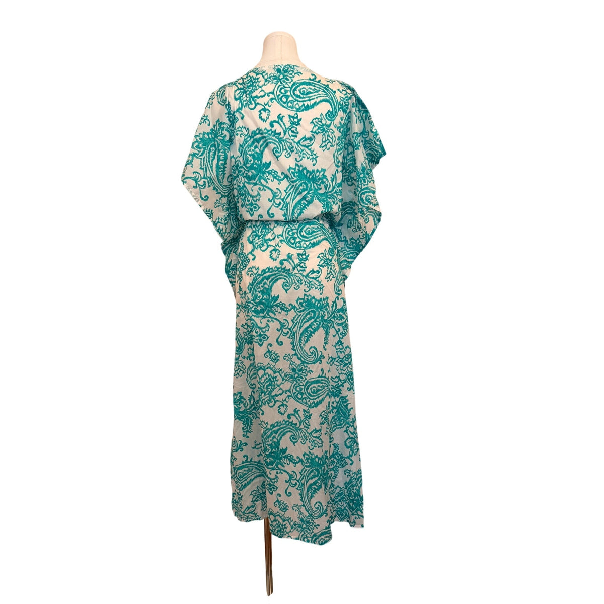 Toshie Italy NWOT Cotton Batwing Dress Aqua White V-Neck Drawstring Beaded - L