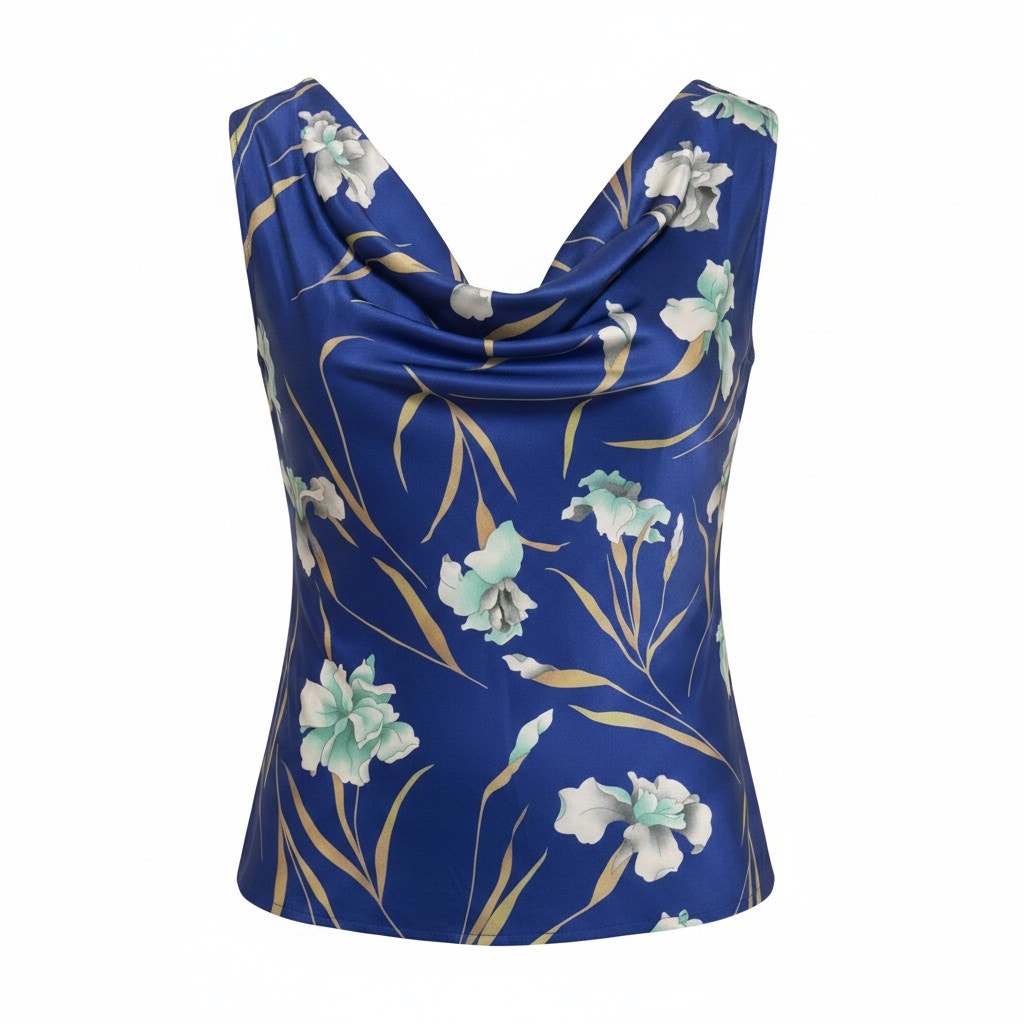 Dries Van Noten Cobalt Blue Floral Silk Cowl Blouse Size 42