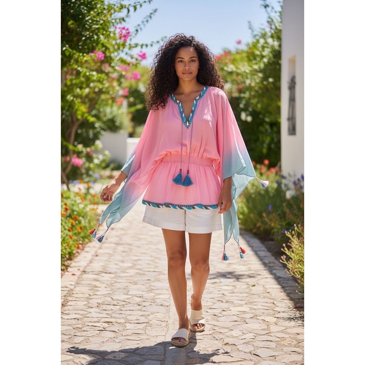 Talitha Pink Turquoise Ombre Batwing Tunic Top S/M