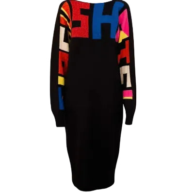 Black dress with colorful geometric patterns on a white background