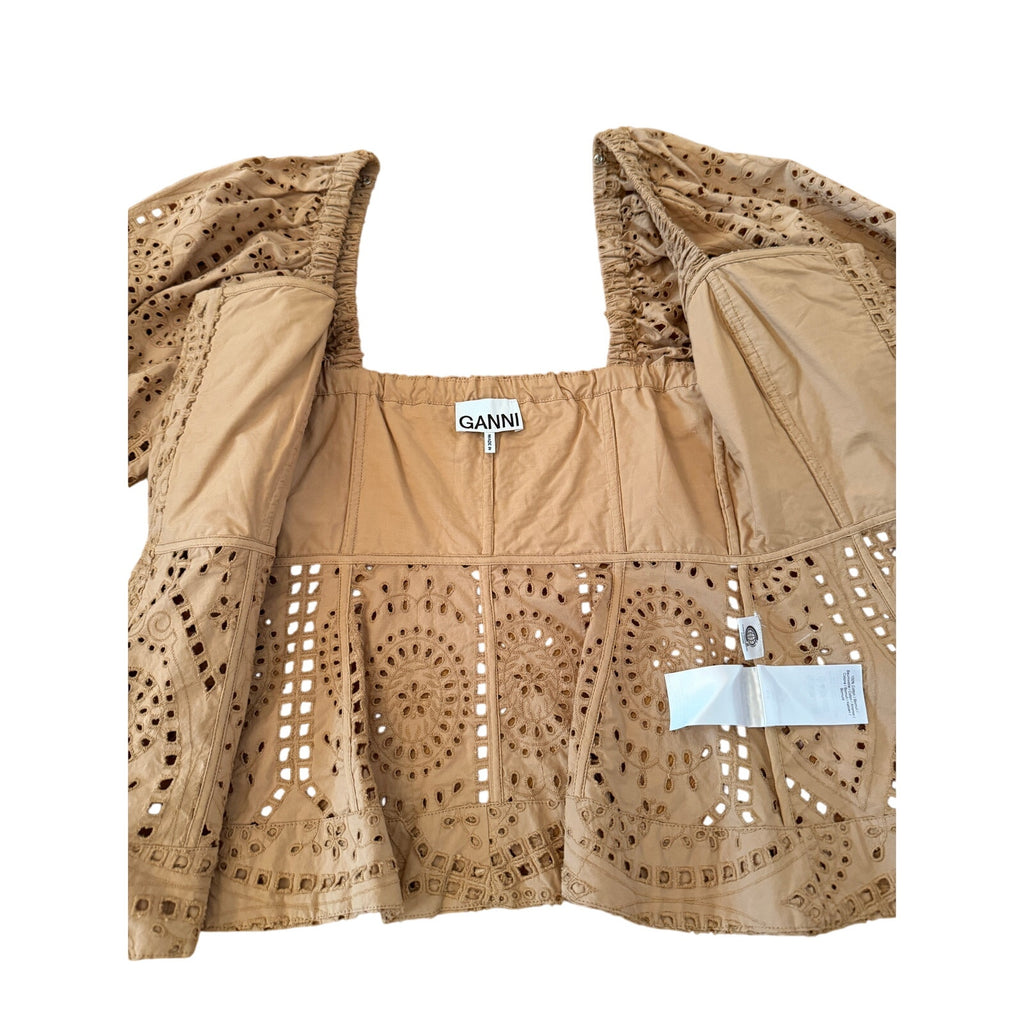 Ganni Broderie Anglaise Eyelet Blouse Camel Brown Cotton Climate Tagged- 36 /US8