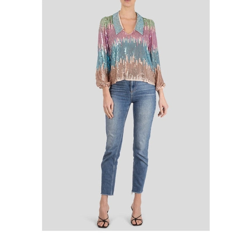 Rixo London Lyla Sequin Rainbow Collared Blouse - Medium