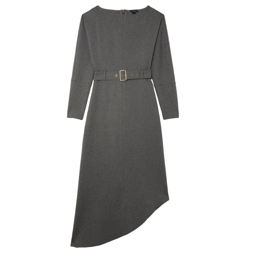 Karen Millen Waterfall Hem Belted Charcoal Maxi Dress NWT L
