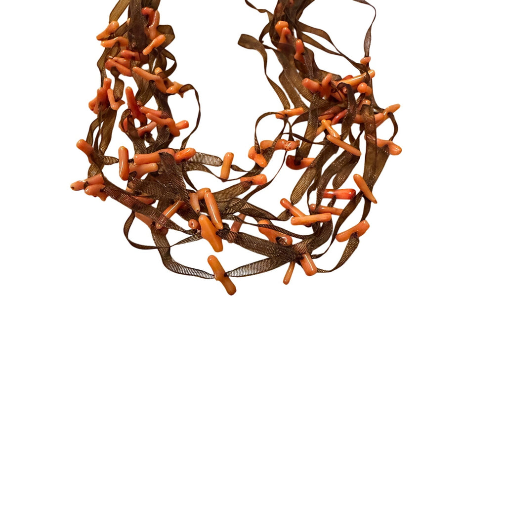 Coral "Slabs" on Black Sheer Ribbon Gathered Necklace 13-15"