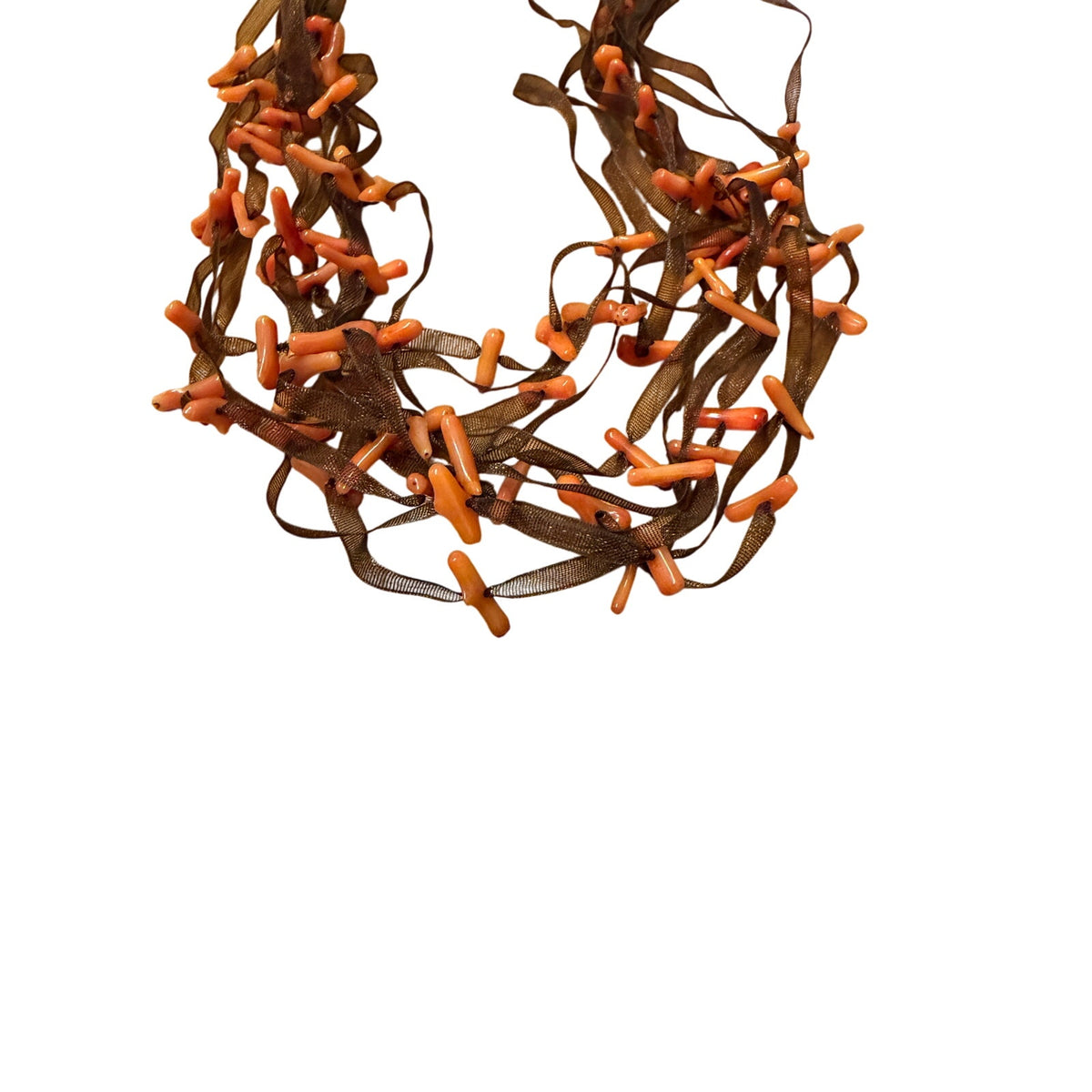 Coral "Slabs" on Black Sheer Ribbon Gathered Necklace 13-15"